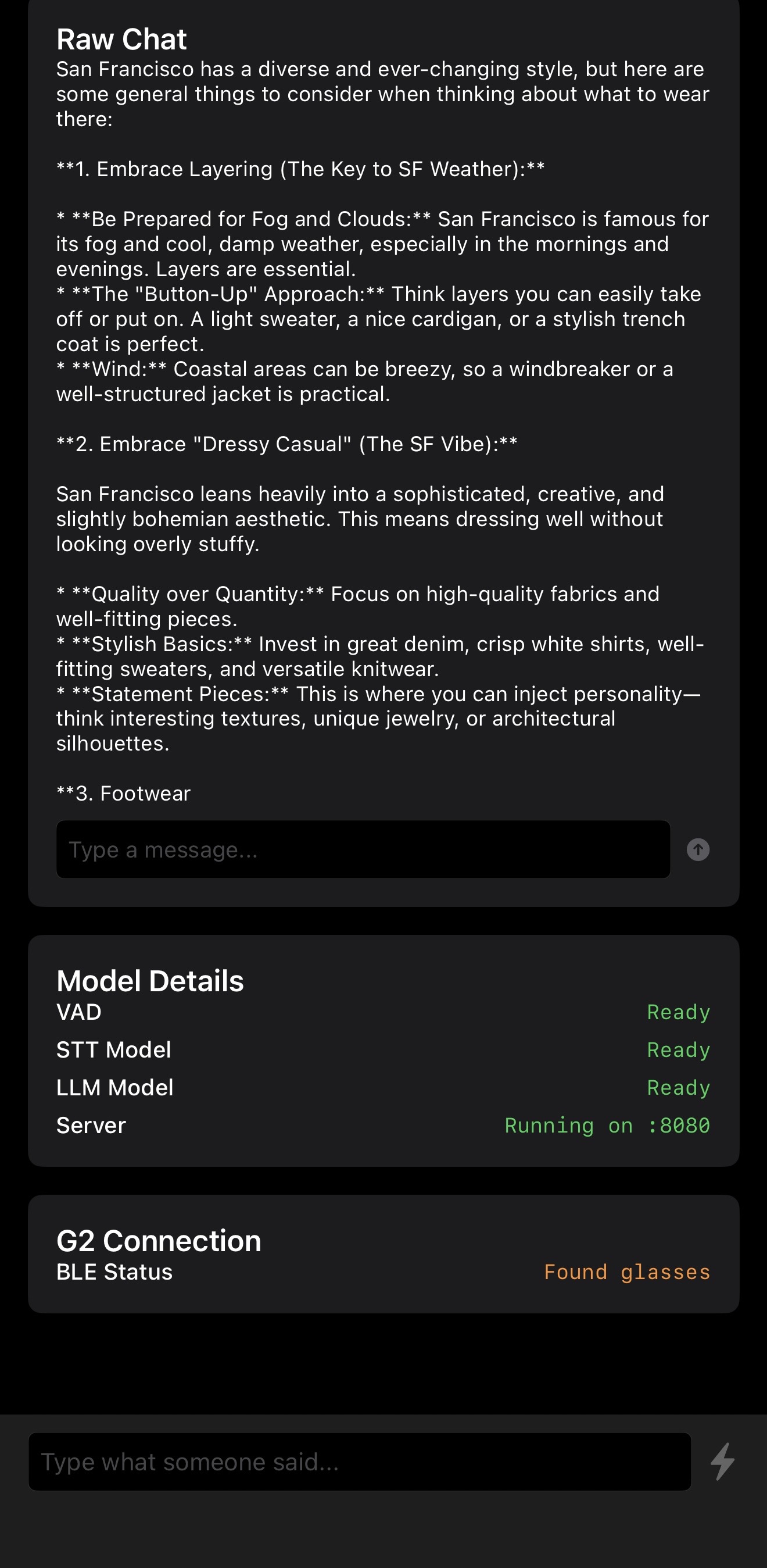 Marginalia chat — Gemma 4 responding on-device with model status