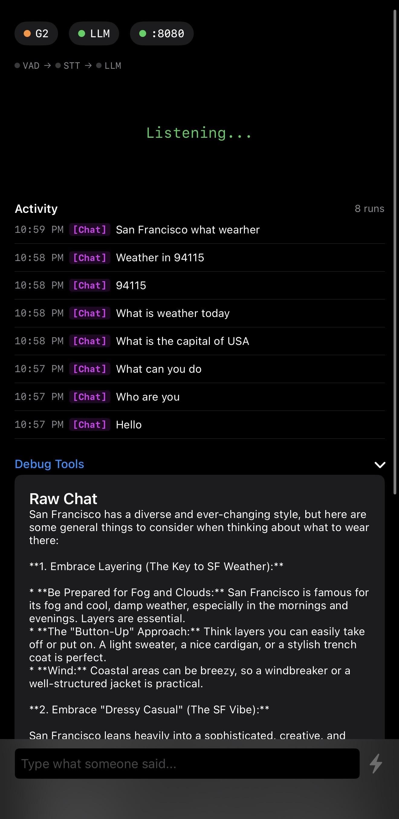 Marginalia dashboard — G2 connected, models loaded, activity log